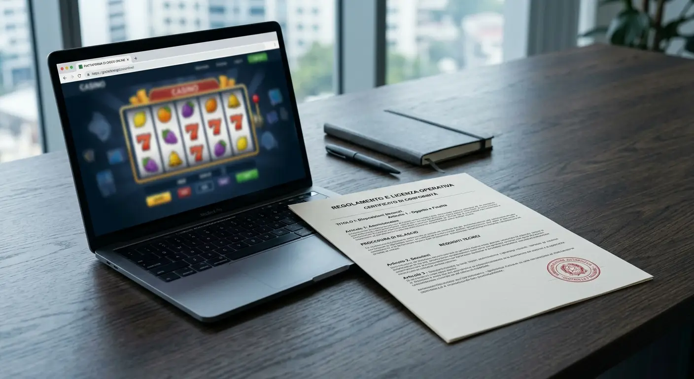 Migliori casino non AAMS 2026: documento di licenza neutro accanto a un laptop con lobby casinò